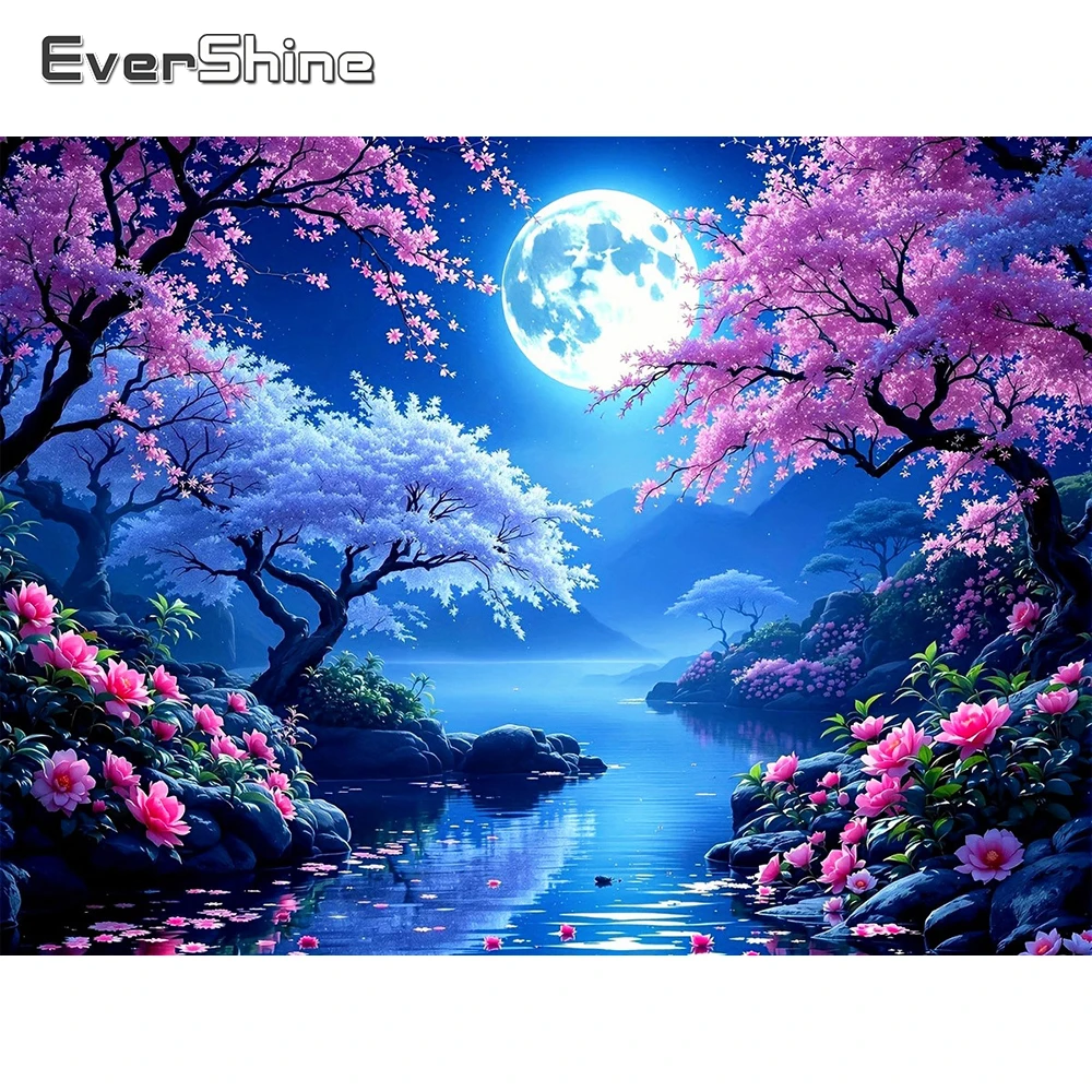 EverShine Diamant-Stickerei Landschafts-Strass-Bild Mosaik Kirschblüten Vollquadrat-Gemälde Mond Wanddekoration
