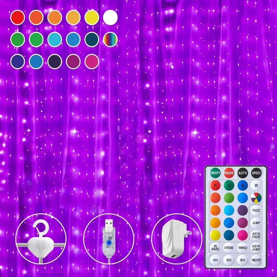 

16 Colors Changing Curtain Lights 250 LED 9.8 X 8.8 FT Fairy String 7 Modes Twinkle with Remote Backdrop Wall Hanging Dripping