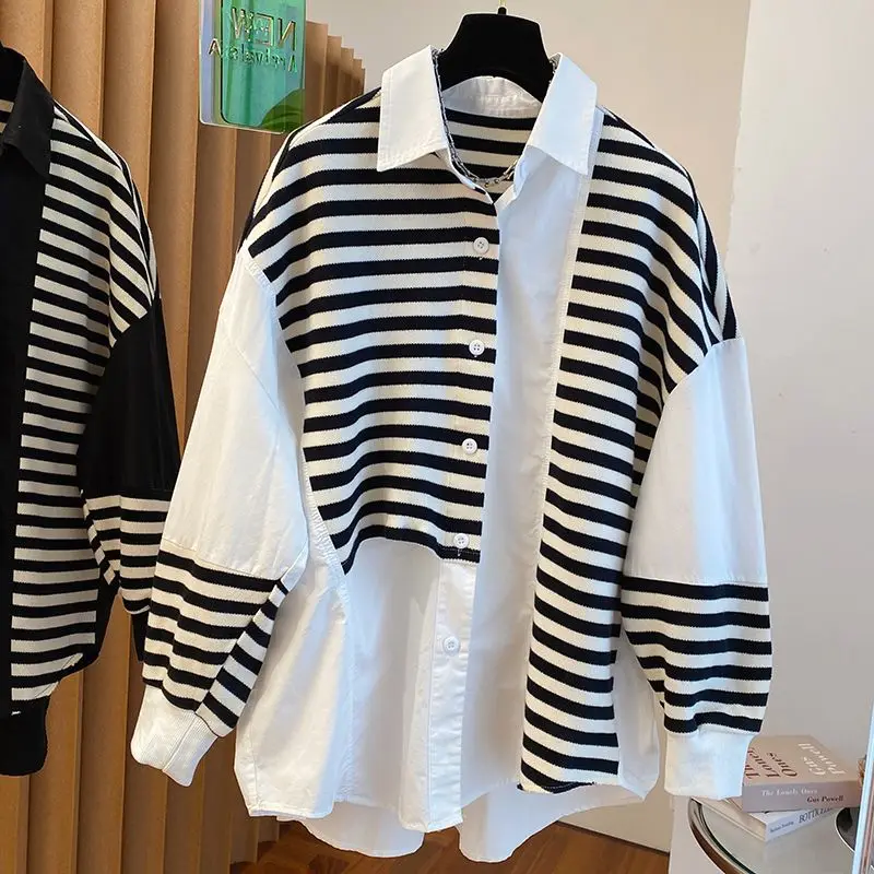 Autumn Oversized Loose Fake Two Pieces Blouse Women Clothing Casual Striped Shirts Korean Patchwork Buttons All-match Top Tee