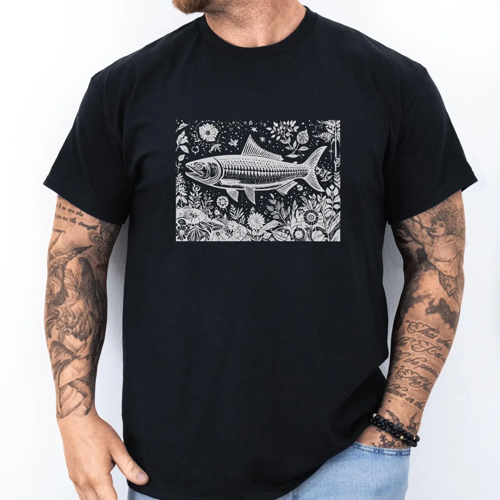 Vintage Fisch-Tattoo T-Shirt Retro Y2K Baumwolle Vintage Washed Soft Vielseitiges Grafik-Design Herrenmode Leicht dehnbar Streetwear