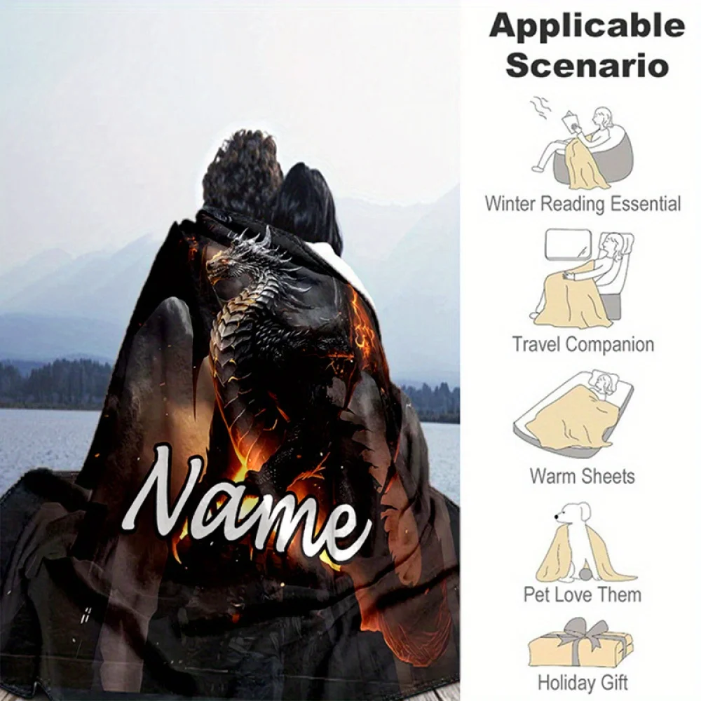 قطعة واحدة من بطانية التنين الخيالية ذات الاسم المخصص، رمي الفانيلا الدافئ الناعم للسرير والأريكة والمكتب، هدية مثالية لعيد الميلاد وأعياد الميلاد
