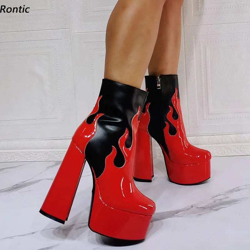 

Rontic New Fashion Women Platform Ankle Boots Shiny Unisex Shoes Block Heel Round Toe Pretty Red Pink Party Shoes US Size 5-15