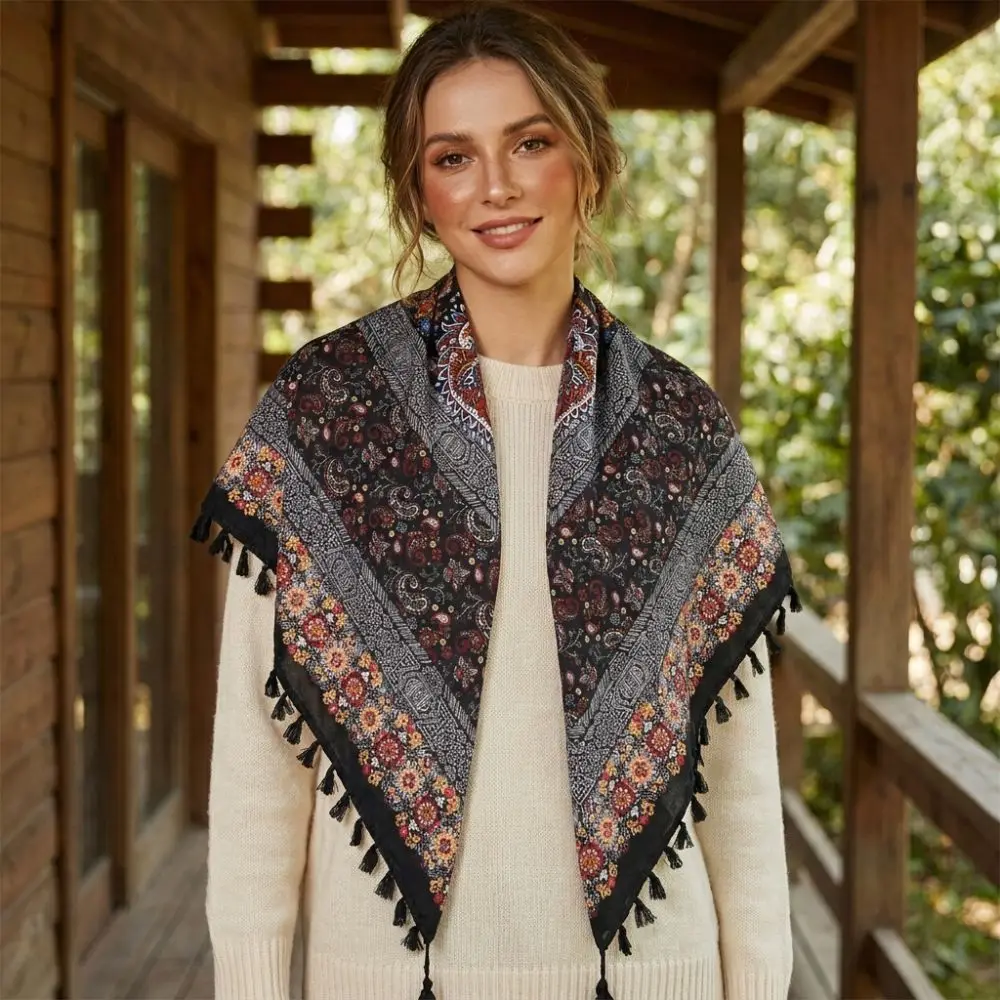 New 115*115cm Ethnic Style Shawl Tassel Trim Floral Print Tassel Shawls Knotted Weave Geometric Pattern Ethnic Wrap Beach Use