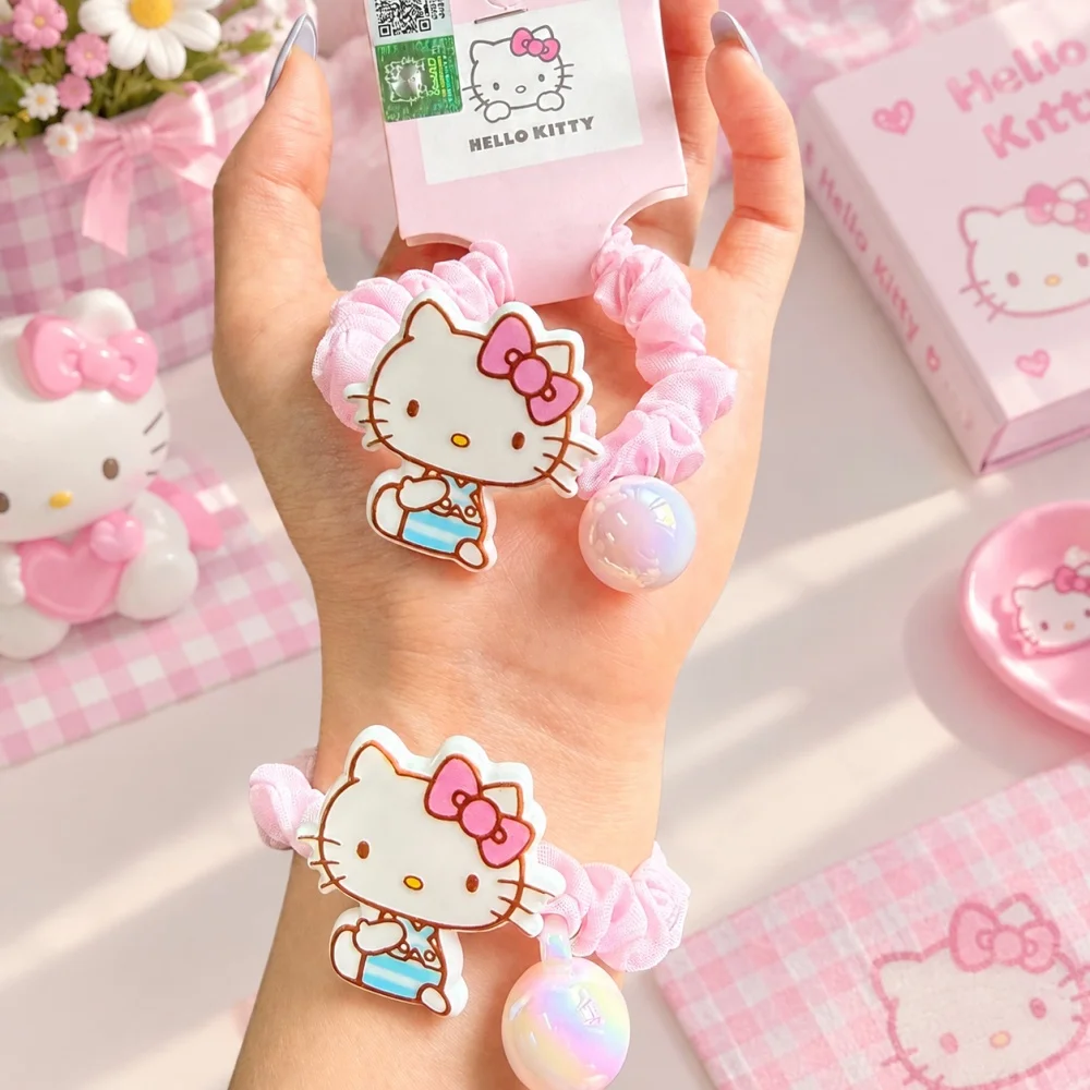 Kawaii Hello Kitty Hair Scrunchie Pink Mesh Hair Rope with Shiny Bead Elastic Ponytail Holder Fashion Hair Decor