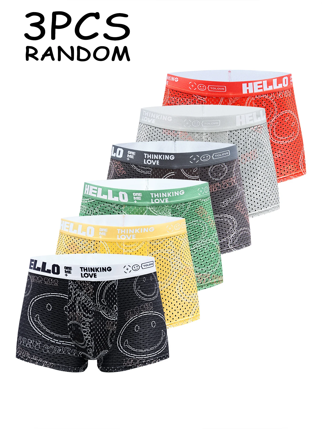 3 Pcs Random Men Mesh Boxer Briefs Breathable Quick Dry Smile Print Underwear Elastic Waist Soft Trunks Quick-dry and Breathable