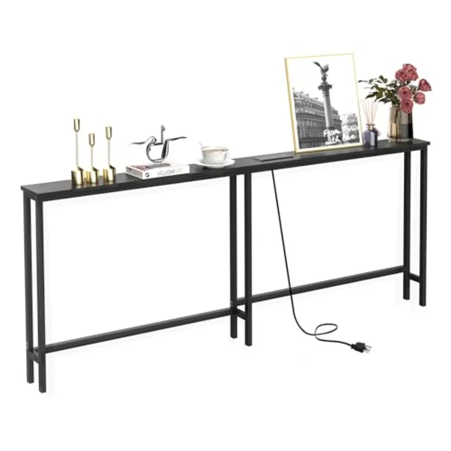 

70.9 Inch Narrow Console Table with Outlet for Behind Couch or Hallway, Bamboo Material, Black Color, Space-Saving Design