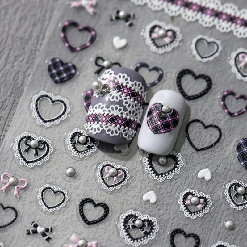 Sweet Bowknot Black Lace Heart Nail Stickers 3D Self Adhesive Nail Art Stickers Japanese Cool Girls Manicure Decorations Decals