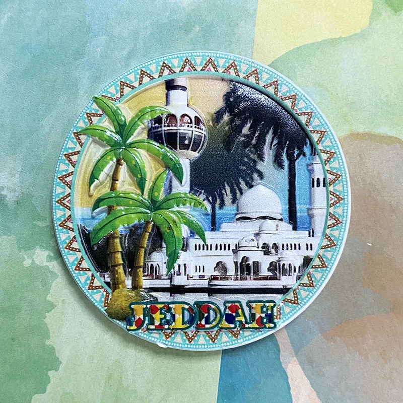 

Jeddah Travel Souvenir Creative Round Plate Building Home Decoration 3D Painted Magnetic Fridge Magnets
