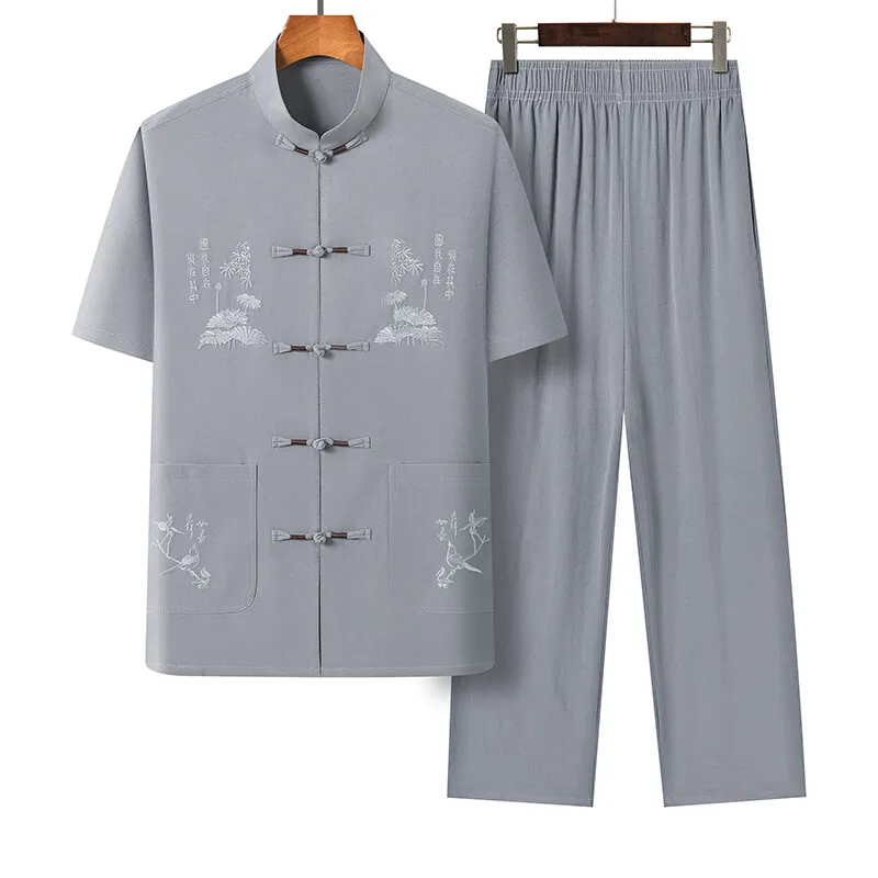 

Shirts+Trousers Summer Chinese Style embroidery Two-Piece Set Men High-Quality Fashion Trend Breathable Casual Comfortable set
