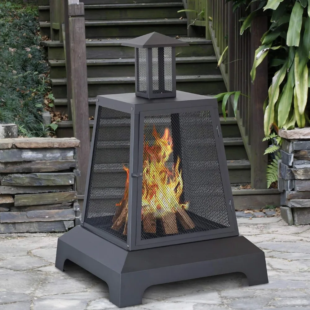 

Outdoor Fire Pit Wood Burning Square, 27.5 Inch Outdoor Fireplace with Chimney, Large Bonfire Fire Pit