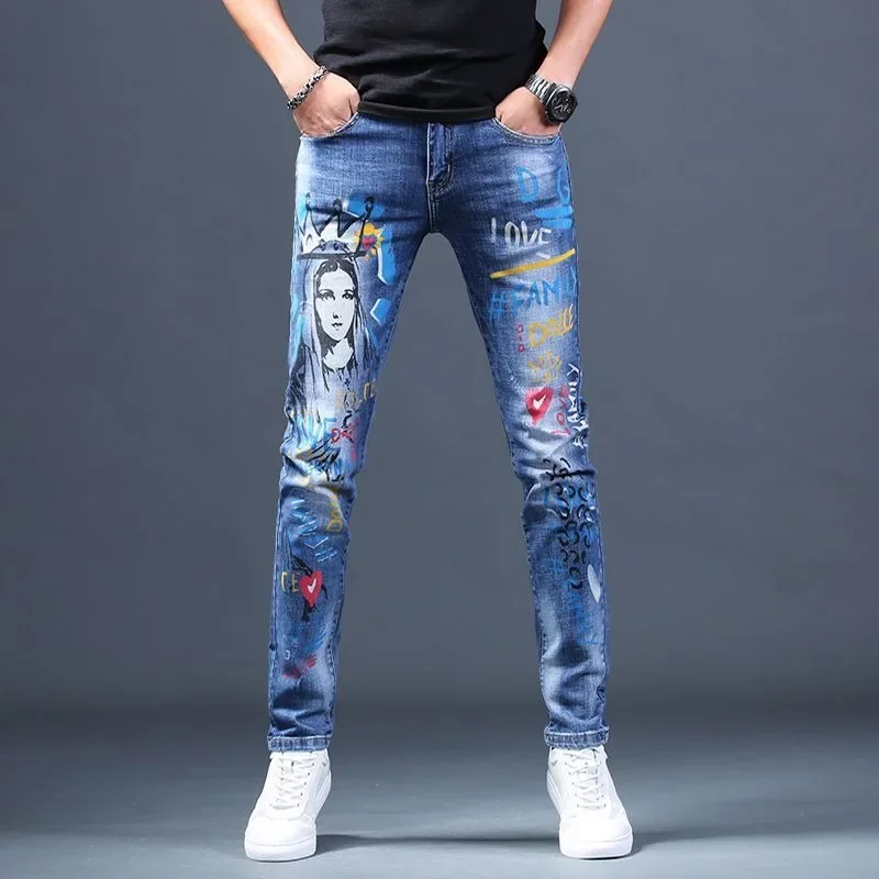 

Light Luxury Men’s Slim-fit Noble Blue Denim Pants,Beauty Print Decors Trendy Casual Pants, Stylish Sexy Street Jeans Pants;