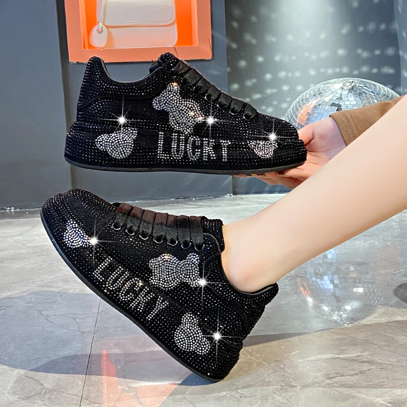 5CM Spring Autumn Genuine Leather Women Shoes Style Fashion Platform Shoes Platforms Sneakers Tide Shine Bling Rhinestone Shoes