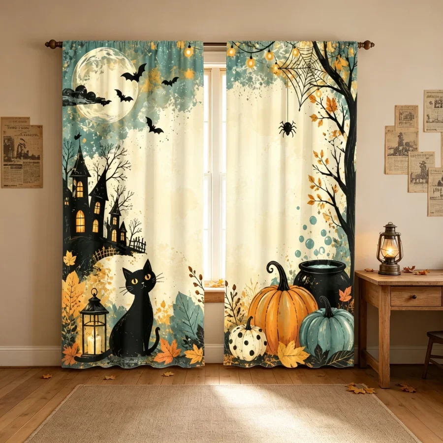 Spooky Halloween Haunted House Moon Night Curtain Curtains for Fall Decor Gothic Witchy Autumn Window Dressing