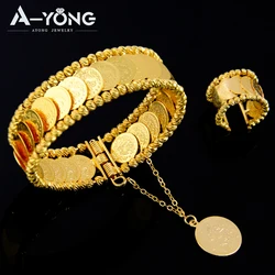 Dubai 24k Gold Jewelry Turkish Coins Bracelet Ring Copper Gold Plated Middle East Woman Luxury Wedding Vintage Jewelry Gifts