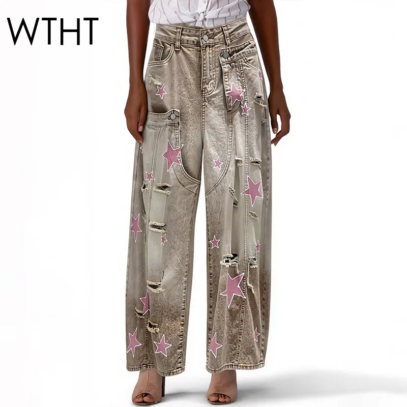 

WTHT New 2026 Summer Women's Irregular Hole Star Pattern Denim Pants Fashion Gradient Loose Washed Jeans Female 1LS3062
