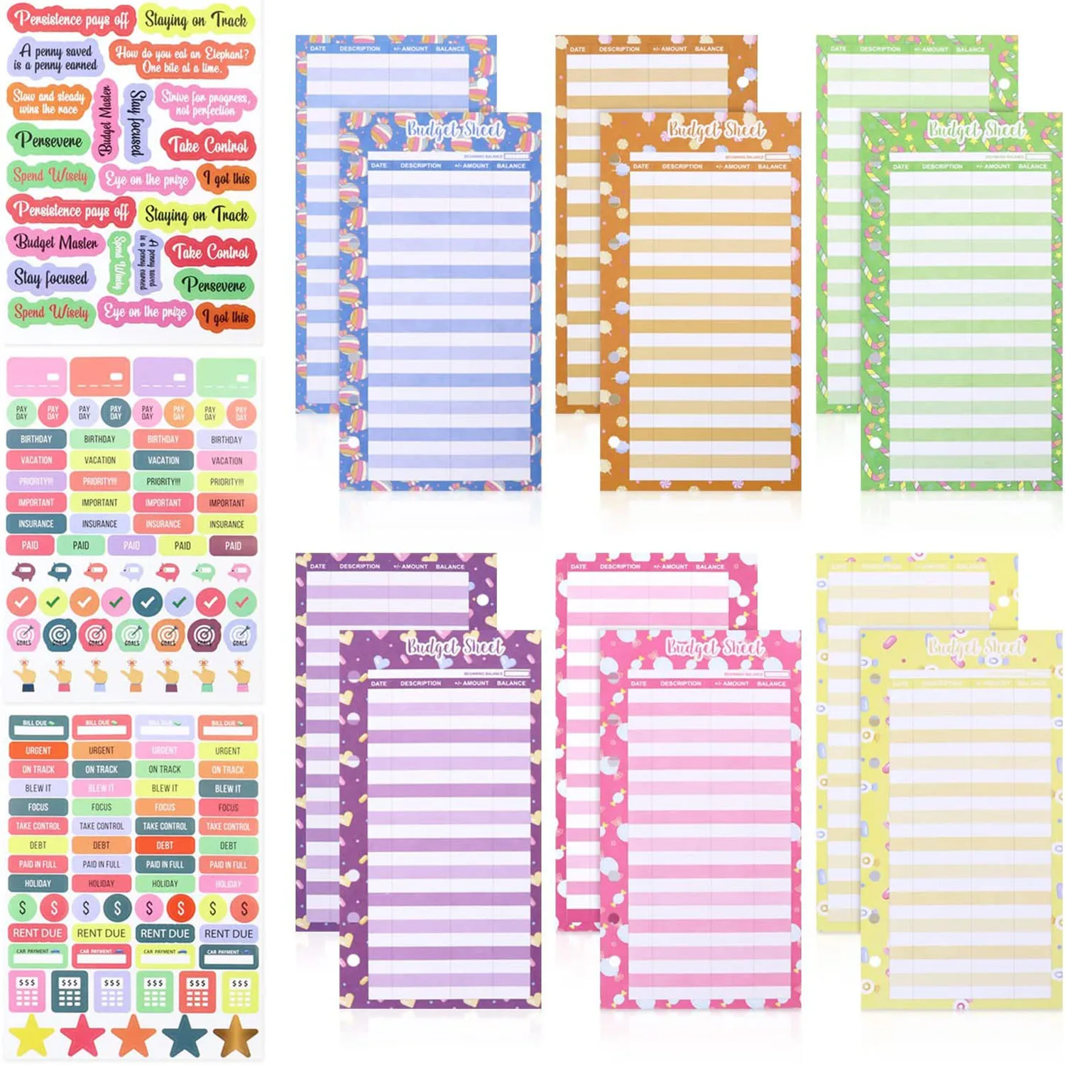 24 Pcs Cute Budget Sheets for A6 Budget Binder with 3 Sheets  Budget Stickers,Expense Tracker Sheets,Financial Organizer Planner