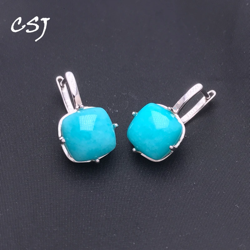 Real Natural Amazonite Earrings Sterling 925 Silver Gemstone Cushion 10mm for Women Party Birthday Trendy Jewelry Wholesale