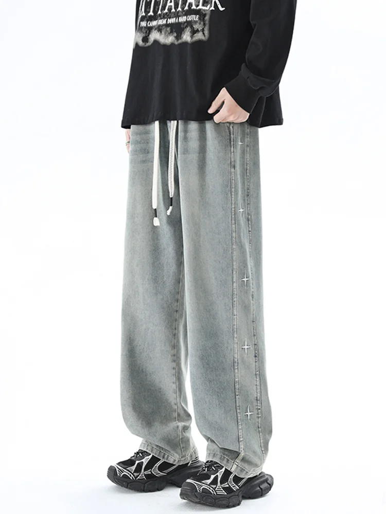 

Мужские джинсы свободного кроя с вышивкой в американском ретро-стиле, весна 2024, модные повседневные широкие брюки, молодежная культура