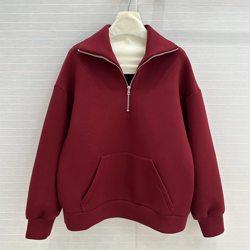 Fashion Red Hoodies Women 2024 Autumn Winter New Design Cotton Top Long Sleeves Zipzzer Pullovers