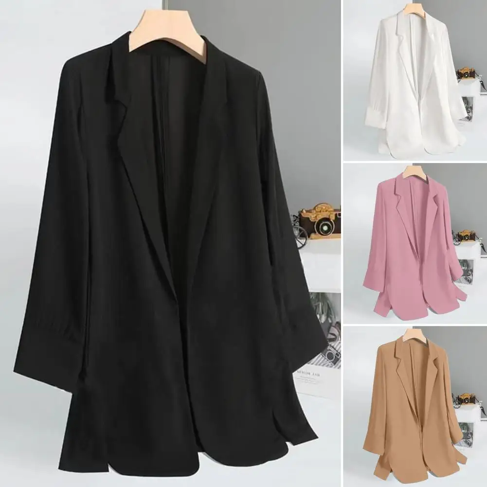 Women Thin Suit Coat Women Lapel Suit Jacket Elegant Three-quarter Sleeve Women's Suit Coat Solid Color Loose Fit Open Front