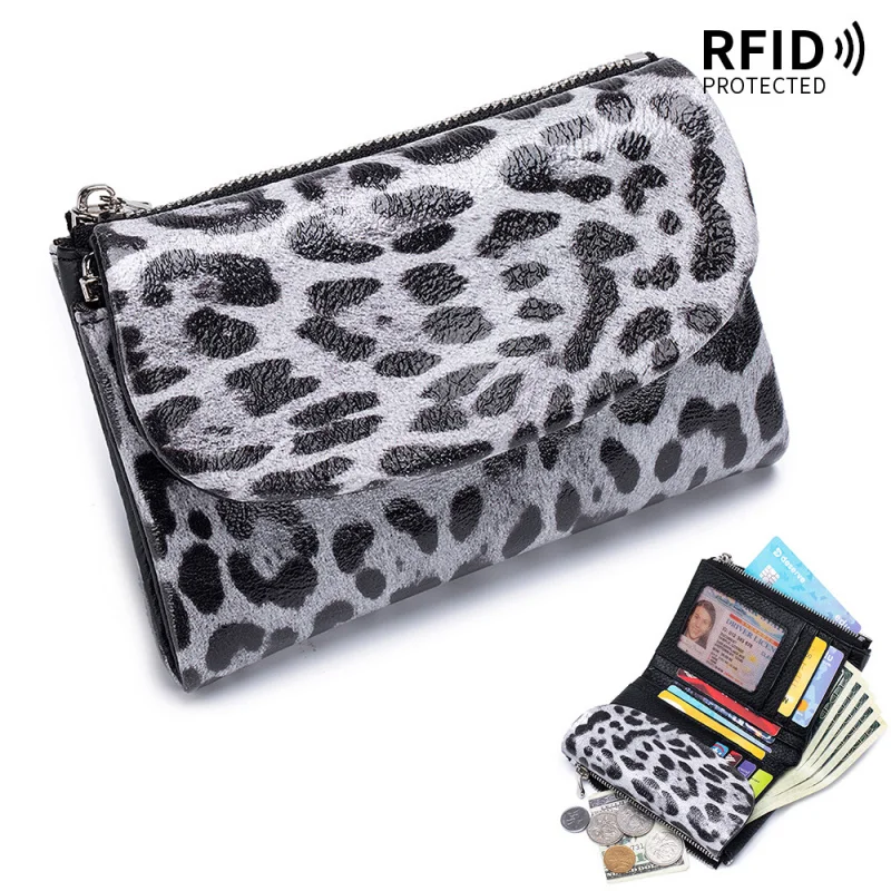 Western Leopard Print RDIF Blockig Cowhide Leather Women Wallet Fashion Large Capacity Card Holder Purse for Ladies