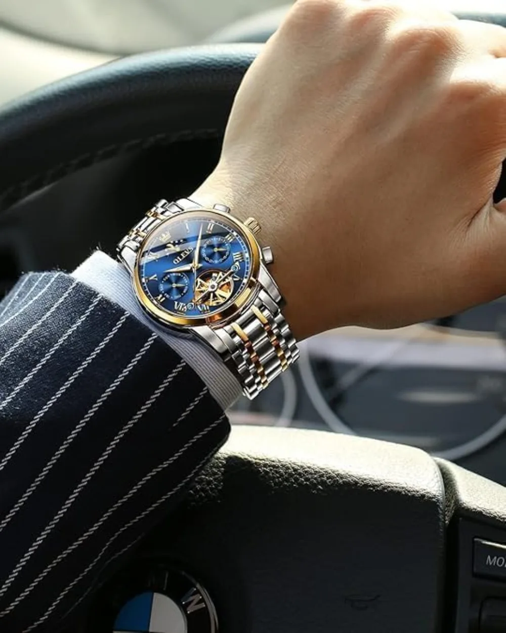 Men's Automatic Skeleton Tourbillon Mechanical Watch Moon Phase Day Date Waterproof Luminous Dress Watch