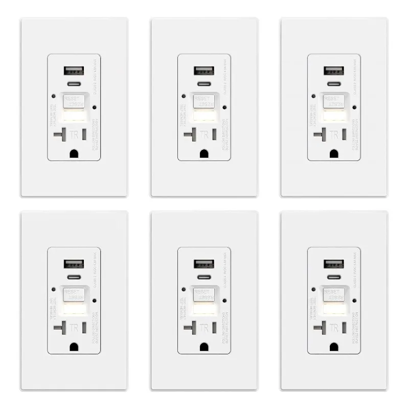 Toma GFCI con puertos USB y luz nocturna, combinación GFCI de autoprueba de 20 amperios con puertos USB, resistente a manipulaciones GFCI USB Ou