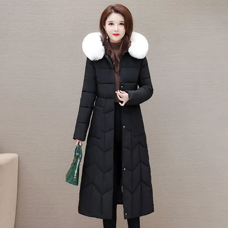 2026 Fashion Women's Winter Long Parkas Down Cotton-padded Jacket Thicken Warm Fur-collar Hooded Coat Streetwear Slim Outerwear