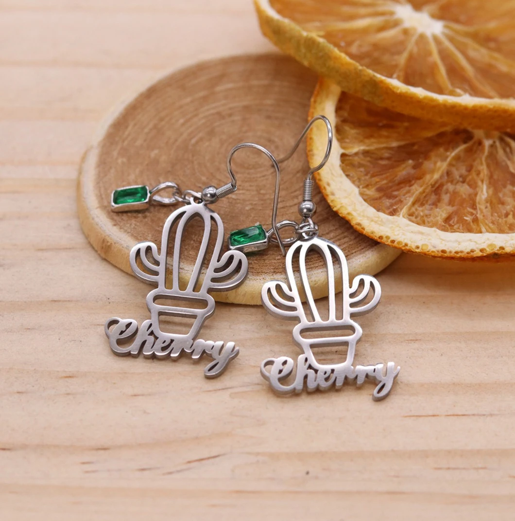 Stainless Steel Hollow Cactus Custom Engraved Personalized Earrings Pendant Earrings for Women Girl Unique New Design Gifts