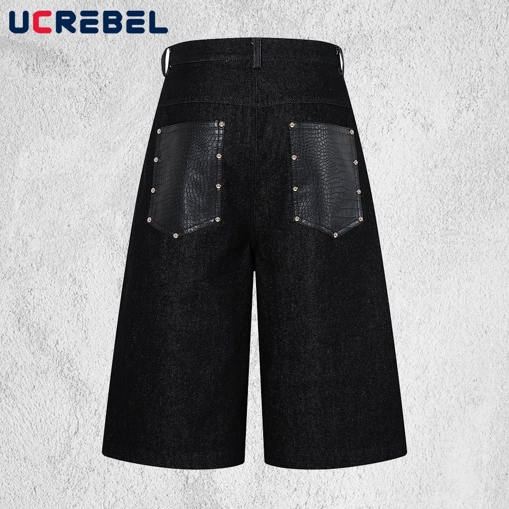 Patchwork Pocket Capri Jeans Mens with Rivets Summer Retro High Street Single Breasted Baggy Wide Leg Dark Denim Pants Man