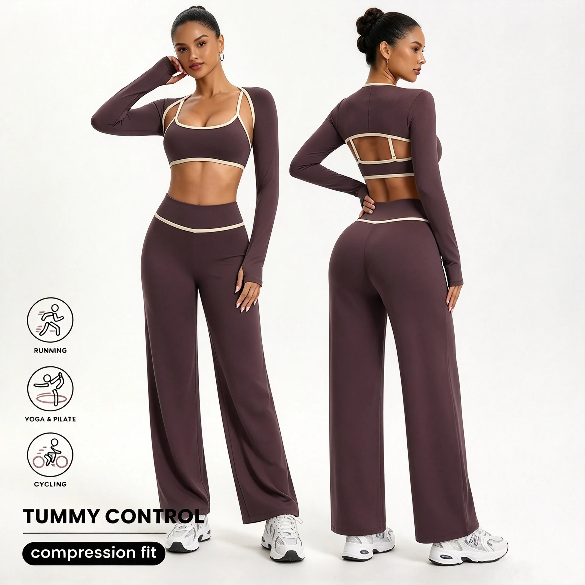 Womens Yoga Set Shoulder Long Sleeved Three Piece Set Beautiful Back Fitness Suit Outdoor Running Sportswear For Wearing Outside