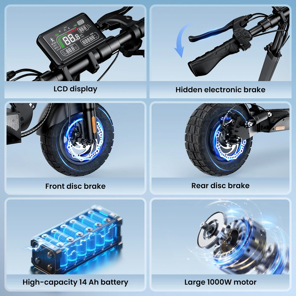IScooter W9 Elektroroller 1000W Motor 48V14AH Hochleistungs-Lithium-Batterie Unterstützt APP E-Scooter Vordere und Hintere Scheibenbremsen Stadtfahrten Höchstgeschwindigkeit 45KM/H Maximale Reichweite 45KM 10-Zoll-Luftreifen für jedes Gelände Brandneu Original – Detail 8