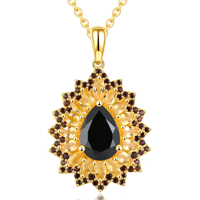 

Natural Black Spinel Citrine Sterling Silver Pendant 3.6 Carats Yellow Gold Plated Women's Favorite S925 Gift Original Design