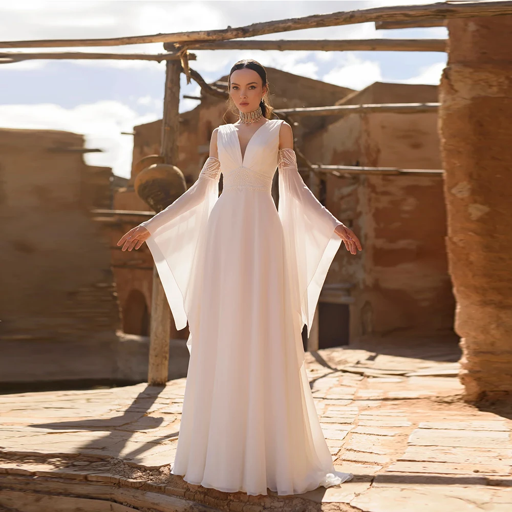 

Customized Detachable Flare Sleeves Wedding Dresses Pleated V-neck Backless Bride Gowns Simple Floor Length A Line Bridal Dress