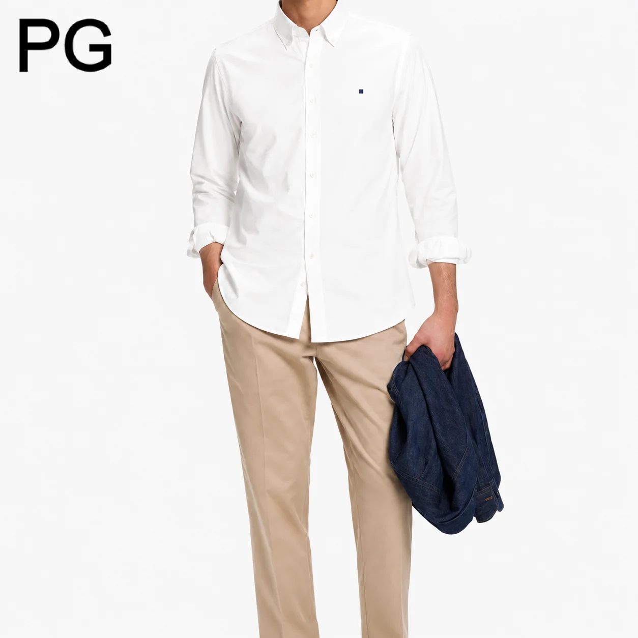 PG Men Solid Color Oxford Long Sleeve Shirt Button Down Collar Casual Slim Fit Cotton Shirts For Men  Daily Work Wear
