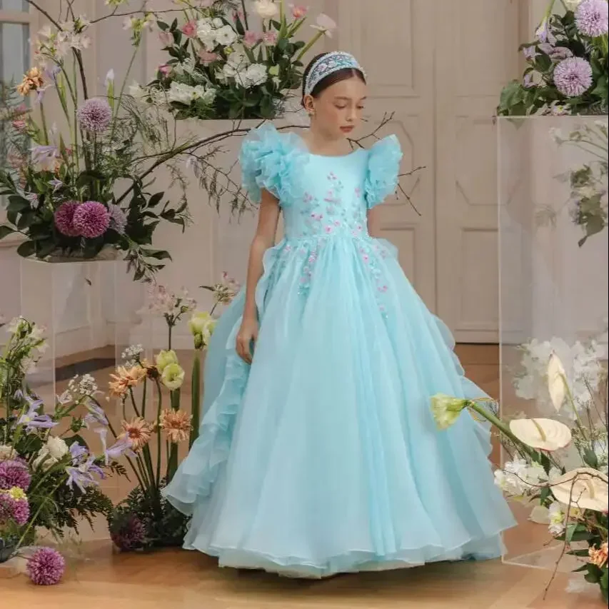 Blue Flower Girl Dress Lace Appliques A-Line Floor Length Tulle Dresses For Kids First Communion Birthday Party Gowns Customized