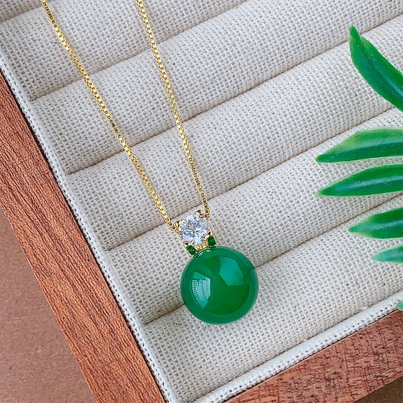 Jewelry Set Natural Chalcedony Imperial Green Clavicle Chain S925 Silver Needle Earrings High-end Light Luxury Women