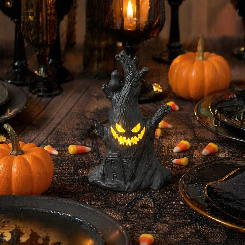 Desktop Mini Ornaments Halloween Tree Decorations with Led Night Lights Fall Tiered Tray Decor Haunted House Ghost for Indoor