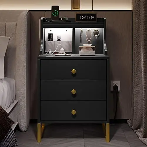 

Modern Nightstand with Charging Station with Hutch and 3 Drawers, End Side Table For Bedside with , Hooks, LED Sensor Light, USB