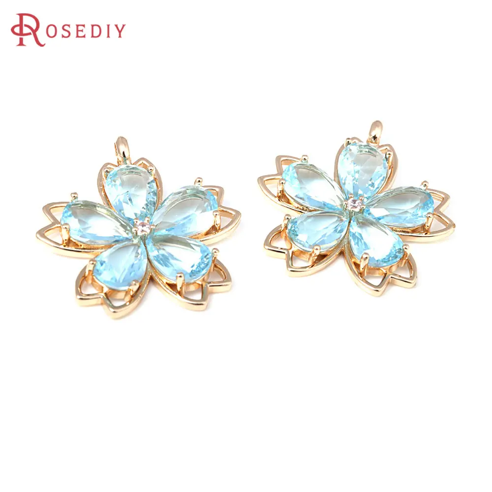 2PCS 18K Gold Color Brass and Glass Flower Charms Pendants Diy Jewelry Making Supplies Necklace Earrings Accessories for Women