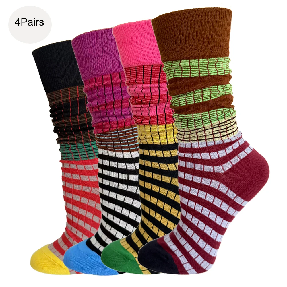 

4 Pairs/Pack Ins Fashion Women's Gradient Striped Colorful Retro Calf Socks Cotton High Tube Soft Sport Women's Casual Socks