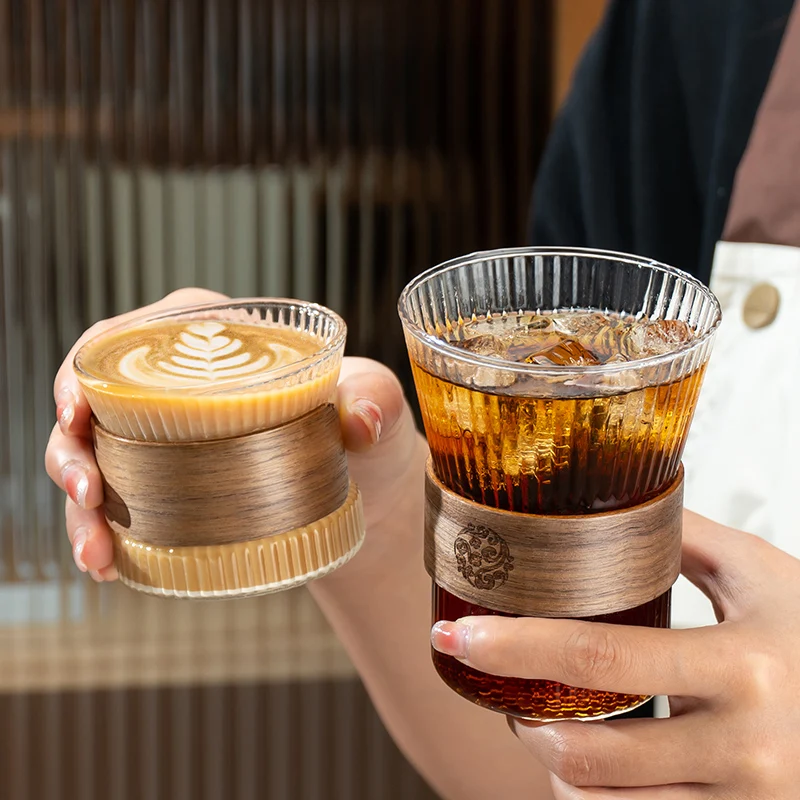 PARACITY Espresso Glass Coffee Cup Vertical Design Anti-Hot Walnut Ring Home/Cafe High Temperature Coffee Appliance
