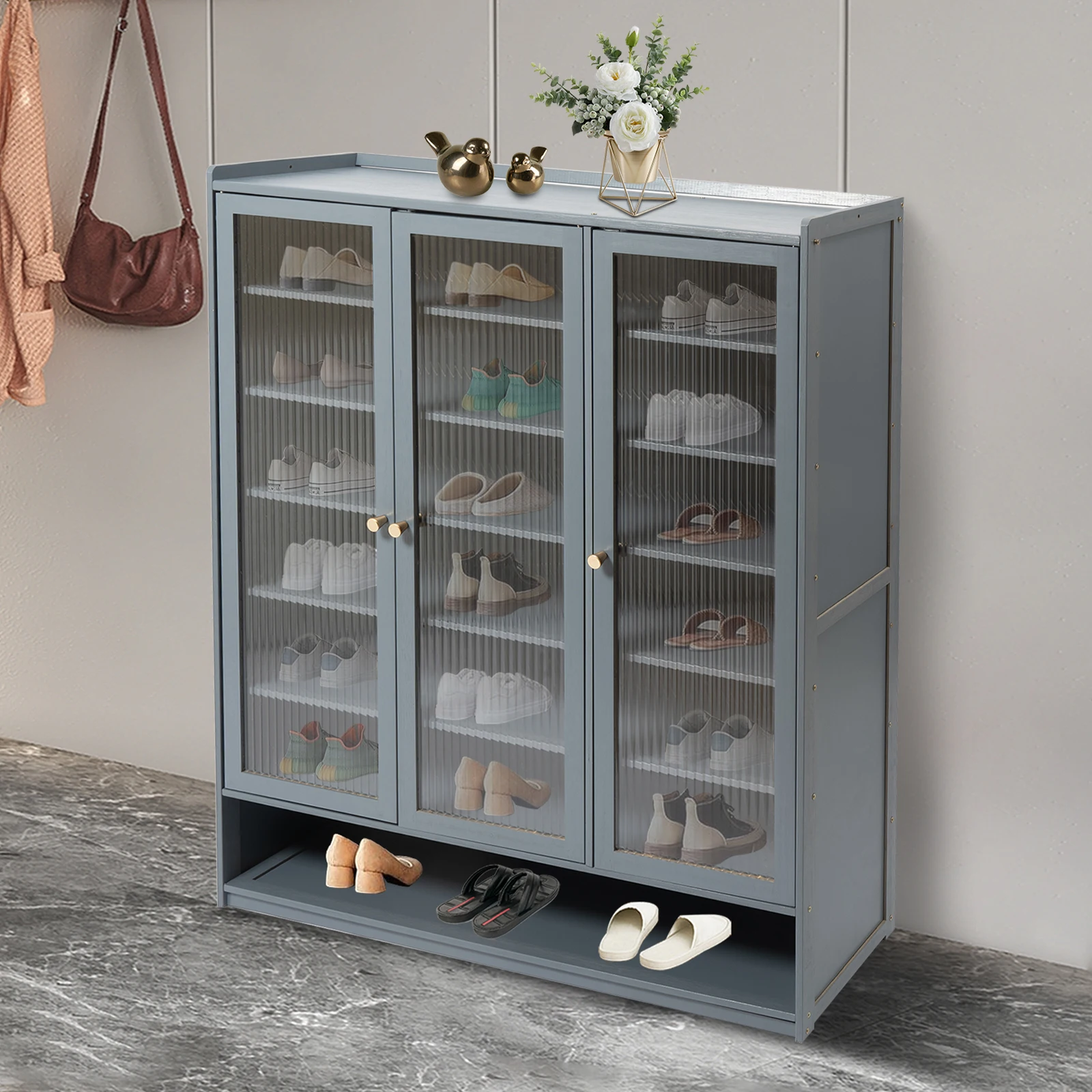 8-Tier Bamboo Shoe Cabinet, Haze Blue Freestanding Storage Organizer with Removable Tiers, Modern Shoe Storage Cabinet