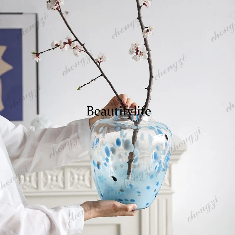 New medieval blue-purple pure handmade art big belly glass vase living room entrance water nourishment