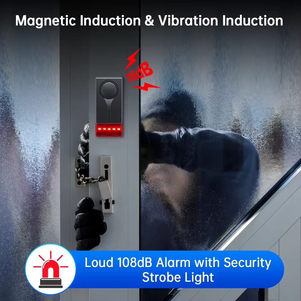 108dB Loud Anti-Theft Alarm System Remote Control Vibration Sensor Door Window Car Security Alarm with Strobe Light 3 Volume Levels Easy Install
