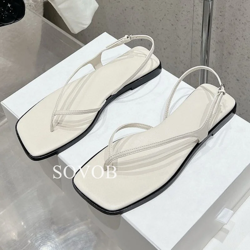 Summer Genuine Leather Kitten Heel Sandals  Women Square Toe Simple Back Strap Flipflops Sandalias Daily Banquet Dresses Shoes