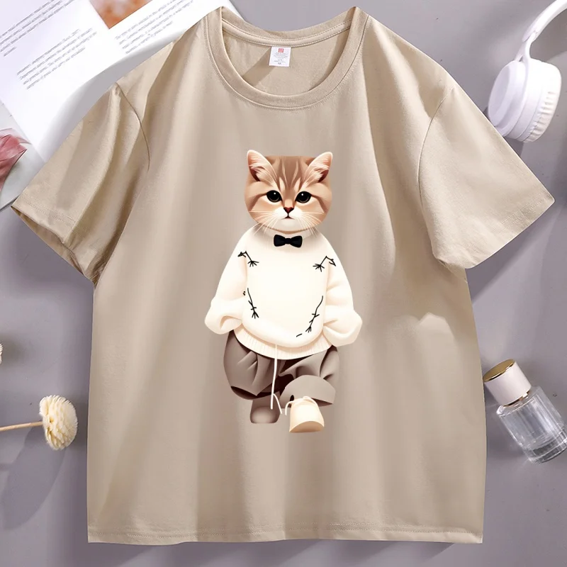 

Cool Cat Printed Cotton Short Sleeve Tshirt Streetwear Round Neck Short Sleeve Loose T Shirt Men Women Breathable Streetwear