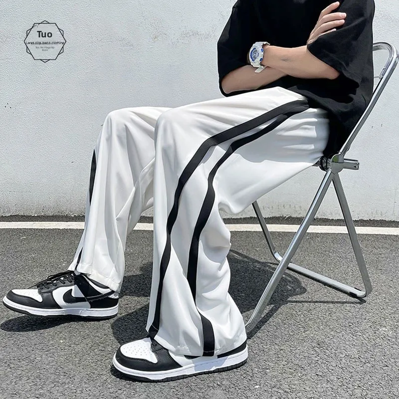 

Men's Casual Loose Ice Silk Pants Floor-Length Korean Sle High Street Summer Straight Leg Drapey Wide Leg Trousers