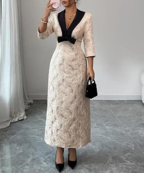 

Autumn Elegant Style High End Texture Short Sleeve Hip Wrapped Dress for Women Fashion Contrast Splicing Deep V-Neck Sexy Dress