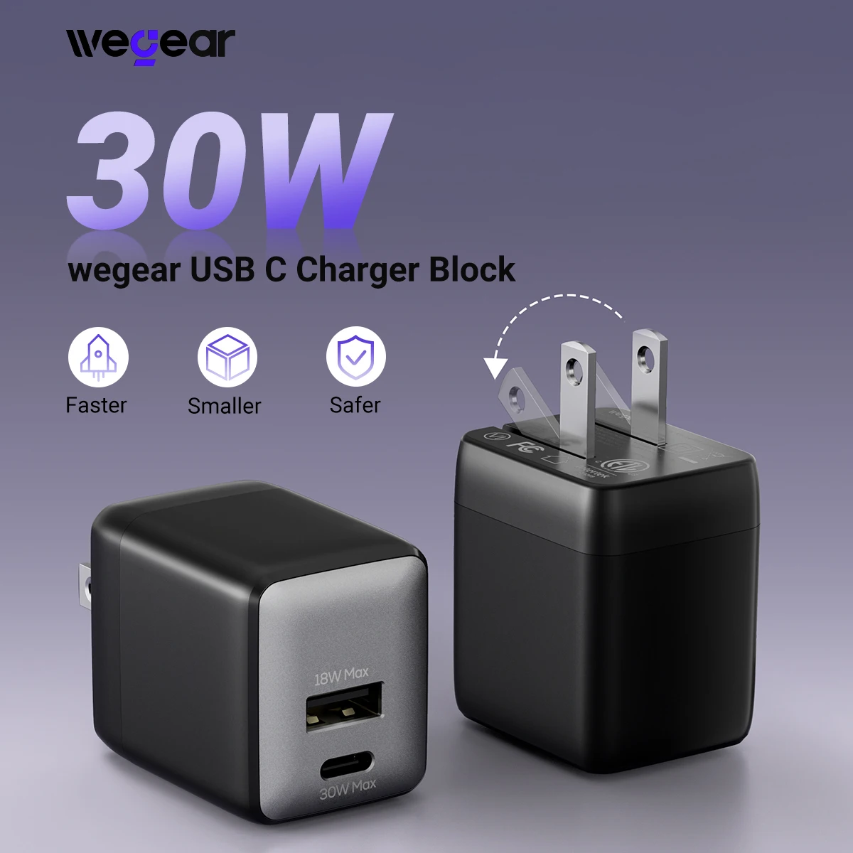 

wegear USB C Fast Charging Charger 30W Dual-Port GaN Nano Charge Foldable Plug for iPhone 16/15 iPad for Galaxy S24 Ultra